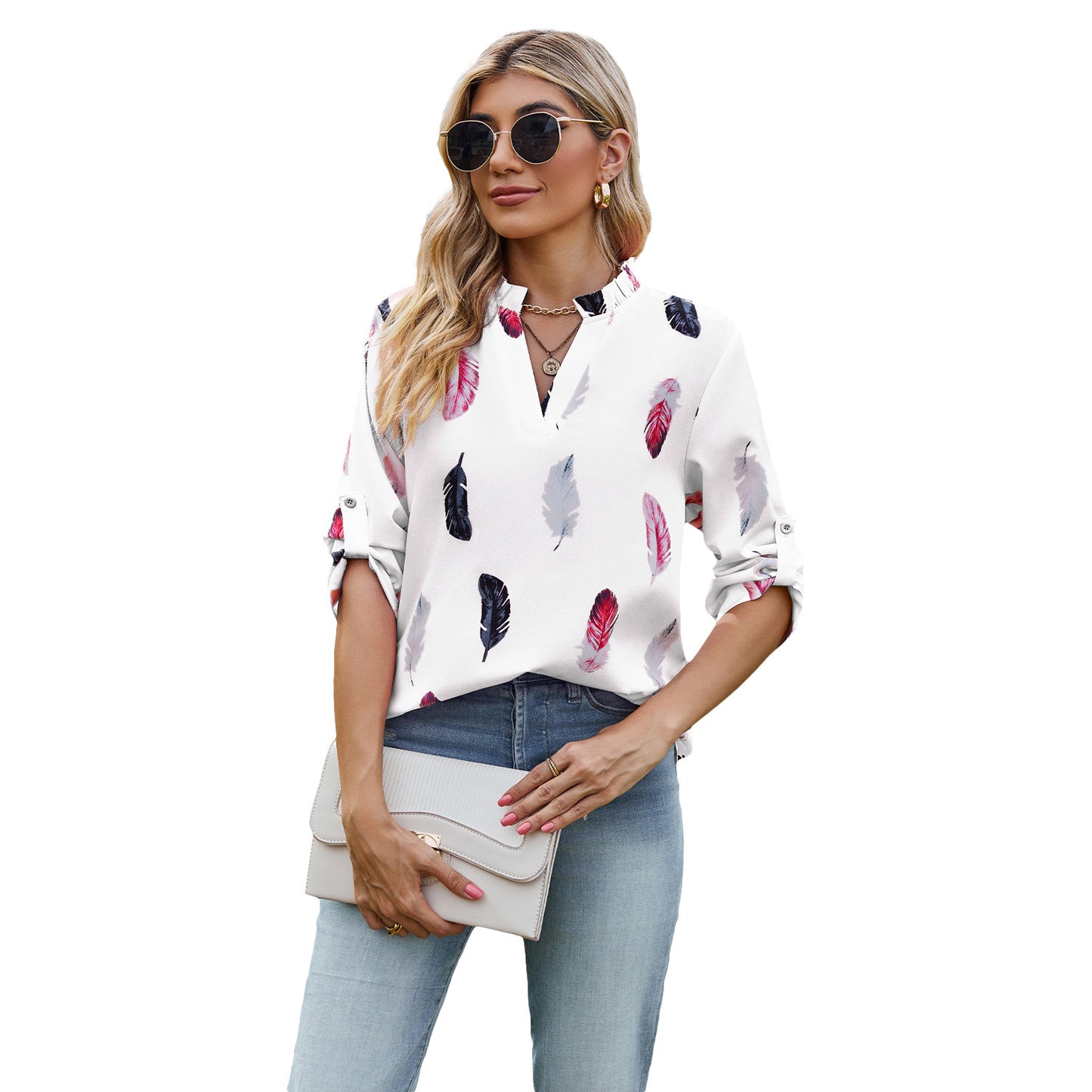 V-Neck Feather Printed Blouse