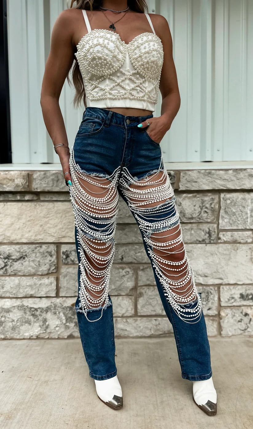 Peal Chain Beaded Ripped Women Jeans