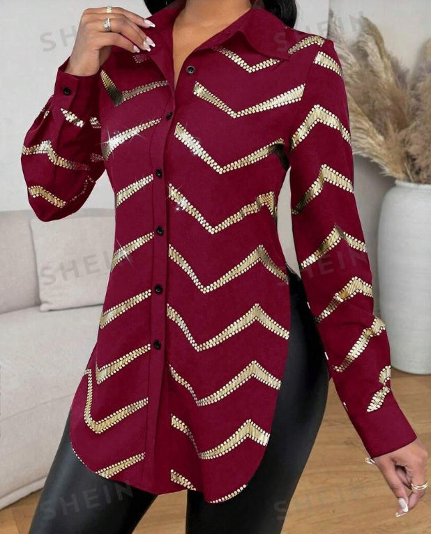 Open Placket Foil Print Long Sleeve Cinched Waist Blouse