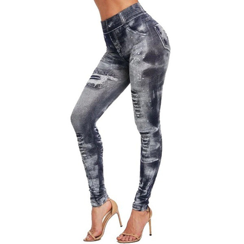 Color Washed Imitation Jean Leggings