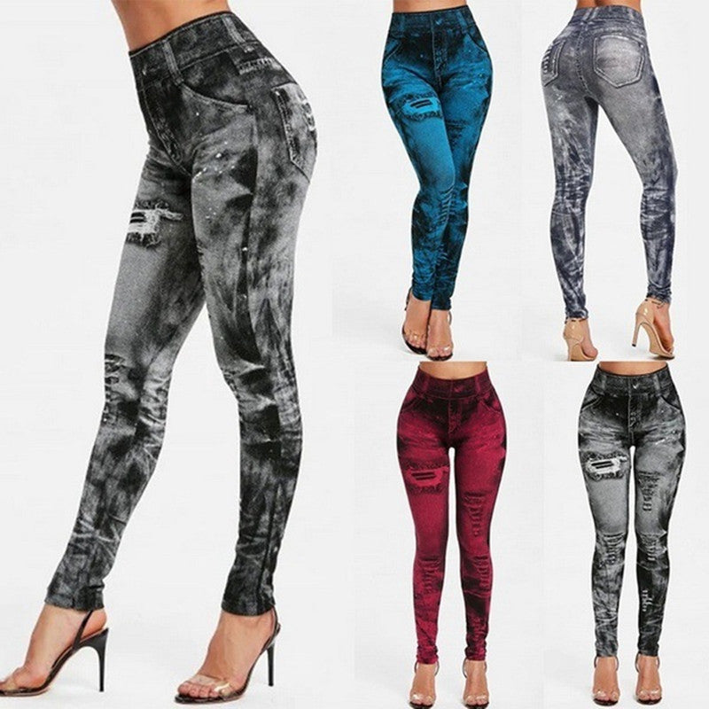 Color Washed Imitation Jean Leggings