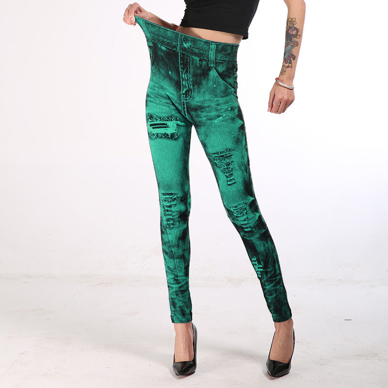 Color Washed Imitation Jean Leggings