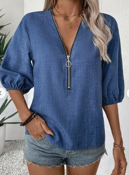 Deep V-Neck Zip-Up Blouse