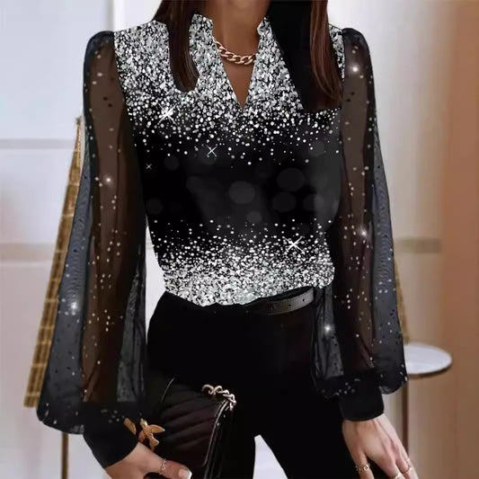 V-neck Pullover Sheer Long Sleeved Blouse