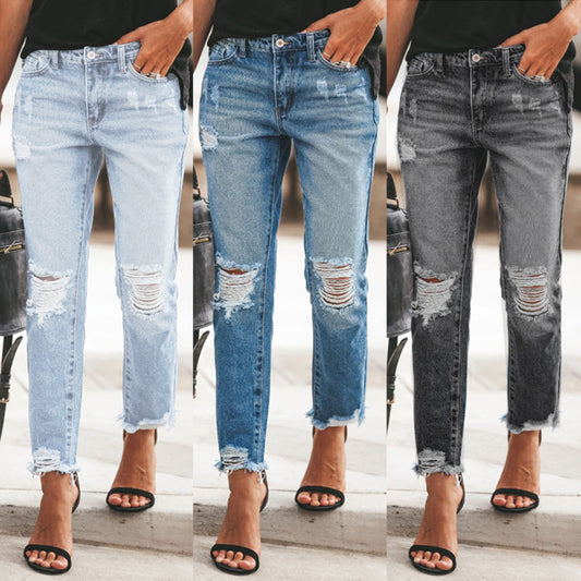 Ripped Mid Calf Women Jeans