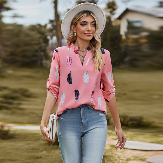 V-Neck Feather Printed Blouse