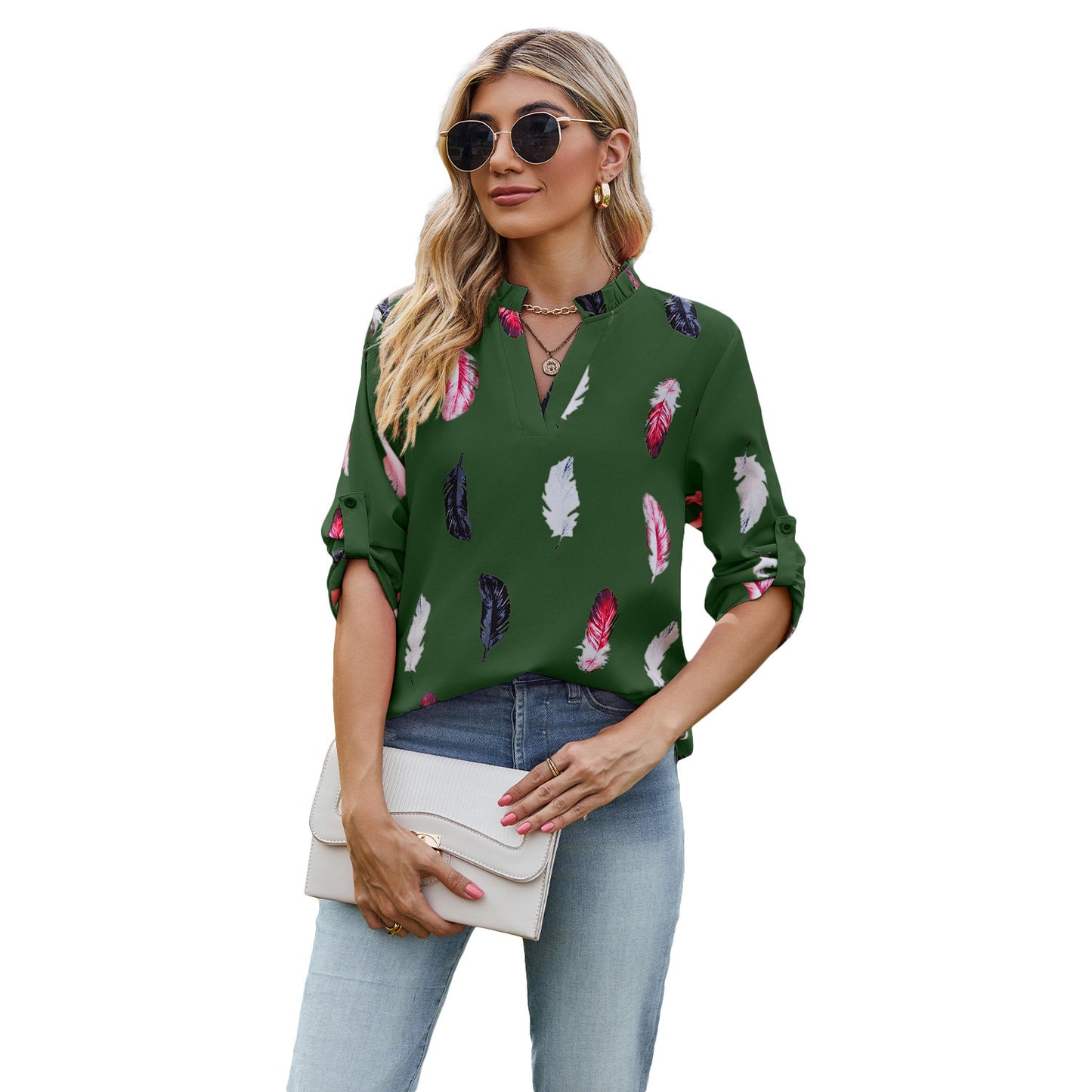 V-Neck Feather Printed Blouse