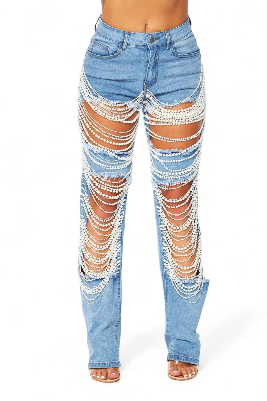 Peal Chain Beaded Ripped Women Jeans