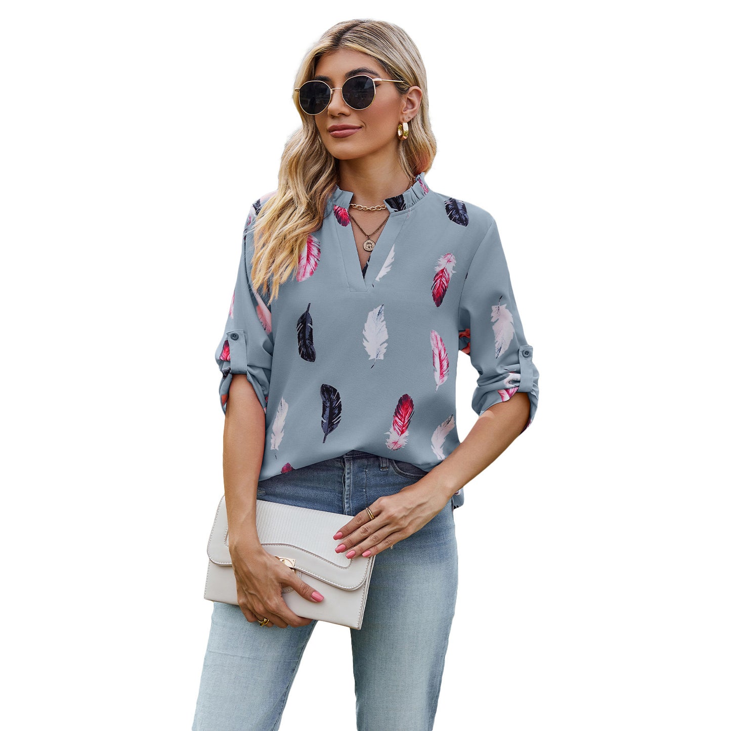 V-Neck Feather Printed Blouse