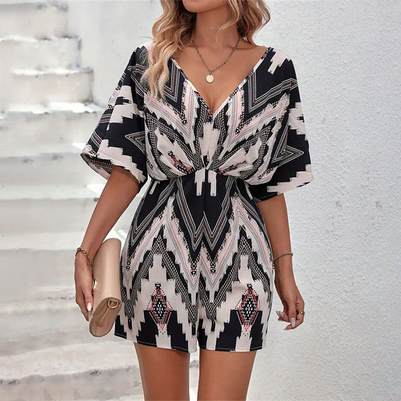 V-neck Back Bandage Bow One-piece Shorts