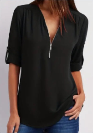 Ruched Half Zip Solid V Neck Blouse