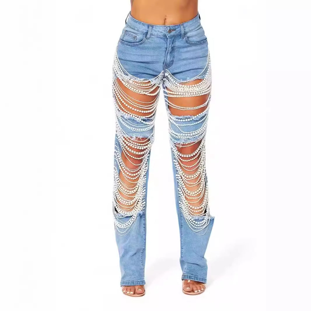 Peal Chain Beaded Ripped Women Jeans