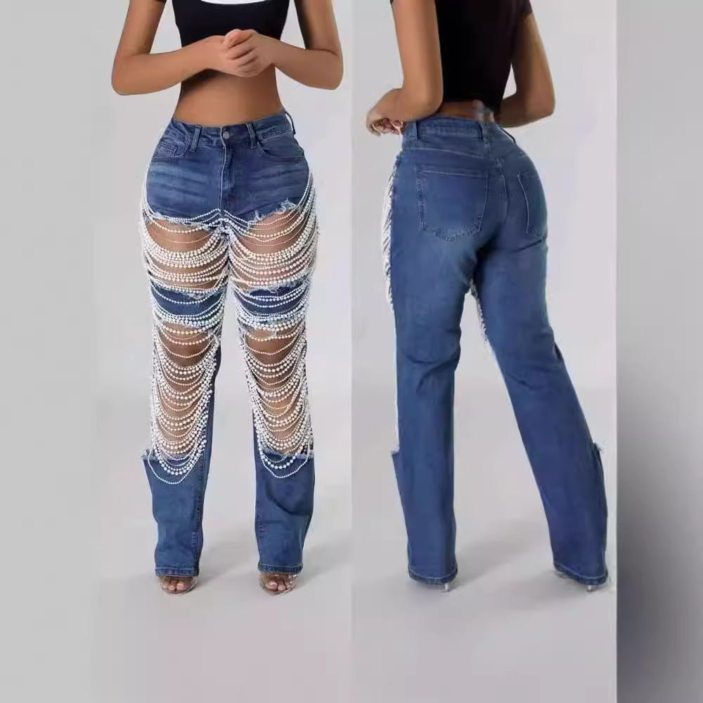 Peal Chain Beaded Ripped Women Jeans