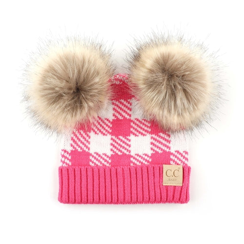 CC Baby and Kids Buffalo Plaid Double Pom Beanies Hats