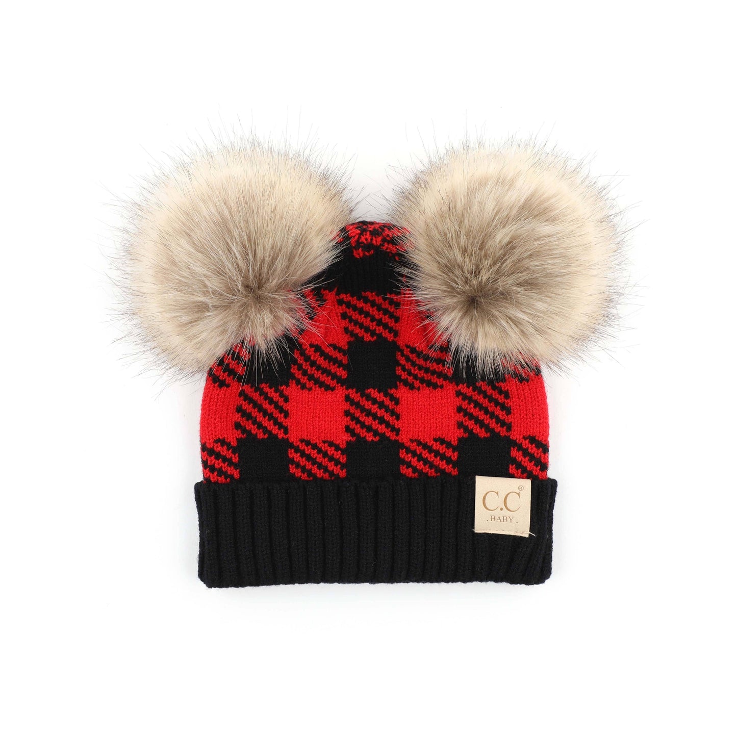 CC Baby and Kids Buffalo Plaid Double Pom Beanies Hats