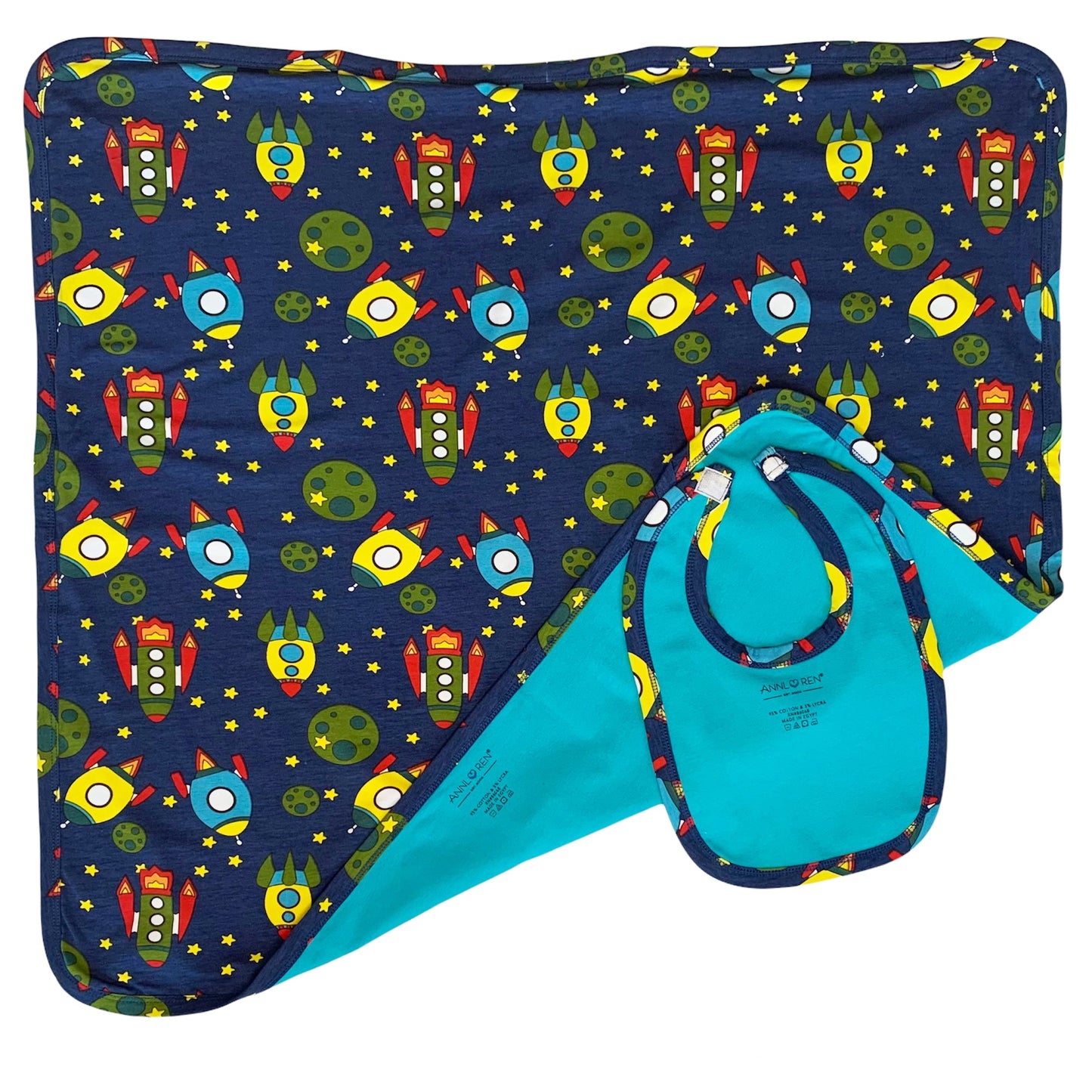 AnnLoren Baby Toddler Boy Space Ship Blanket & Bib Gift Set 2 pc Knit