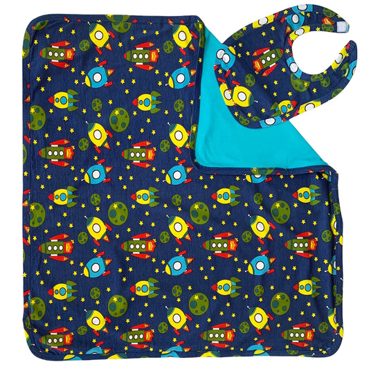 AnnLoren Baby Toddler Boy Space Ship Blanket & Bib Gift Set 2 pc Knit