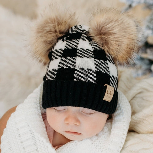 CC Baby and Kids Buffalo Plaid Double Pom Beanies Hats