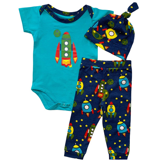 Boys Layette Space Ship Onesie Pants Cap 3pc Gift Set