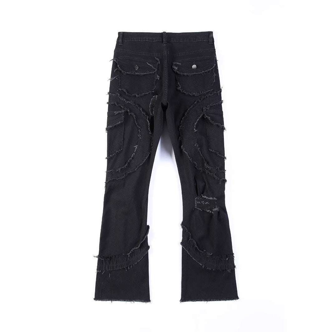 Men's Patchwork Fringe Slightly Flared Stretch Jeans