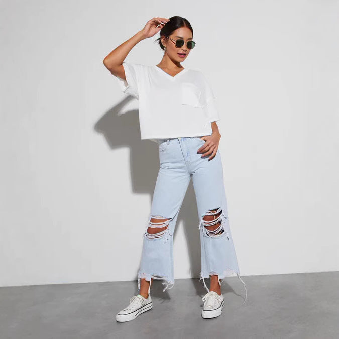 Loose Mid Calf Ripped Women Jeans