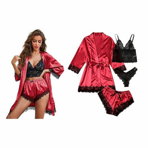 Women's Four-Piece Lace-Trimmed Satin Pajama Set