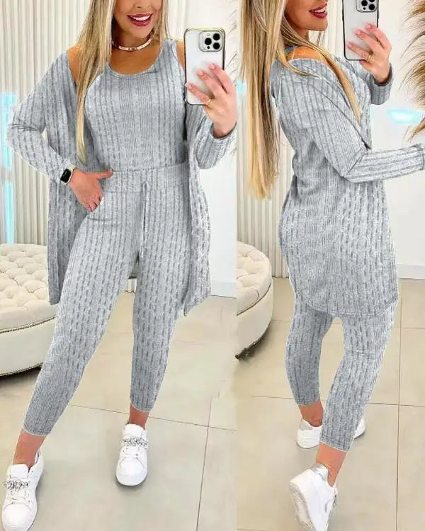 Casual Round Neck Tank Top & Drawstring Pants Set with Coat Three-piece