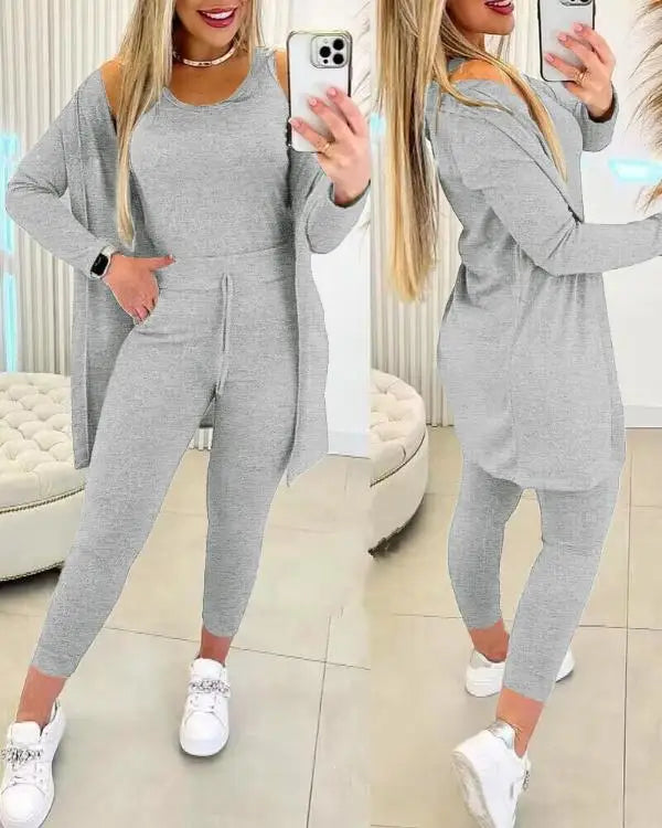 Casual Round Neck Tank Top & Drawstring Pants Set with Coat Three-piece