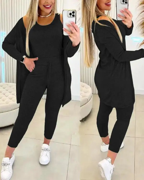 Casual Round Neck Tank Top & Drawstring Pants Set with Coat Three-piece