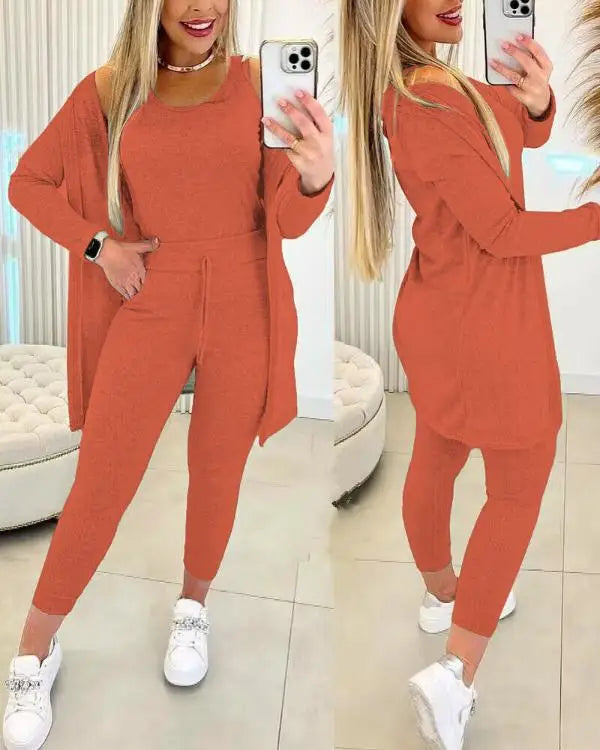 Casual Round Neck Tank Top & Drawstring Pants Set with Coat Three-piece