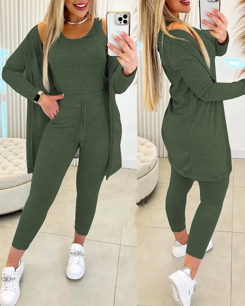 Casual Round Neck Tank Top & Drawstring Pants Set with Coat Three-piece