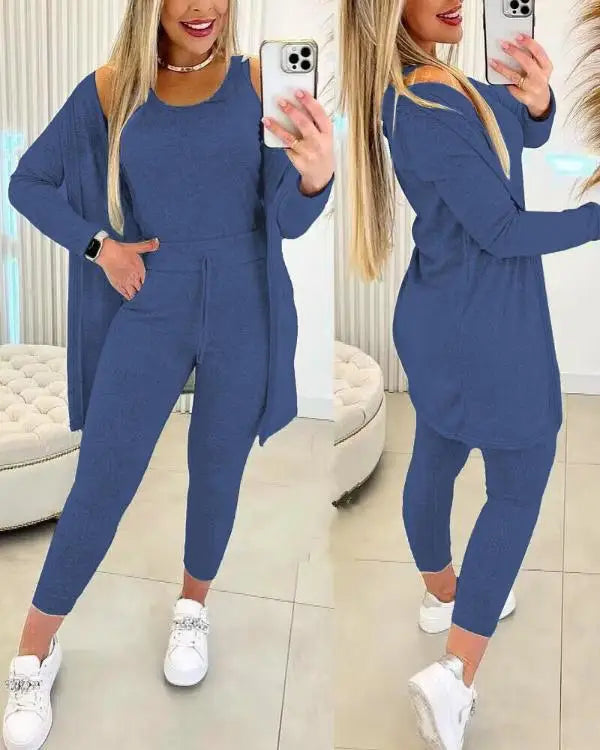 Casual Round Neck Tank Top & Drawstring Pants Set with Coat Three-piece