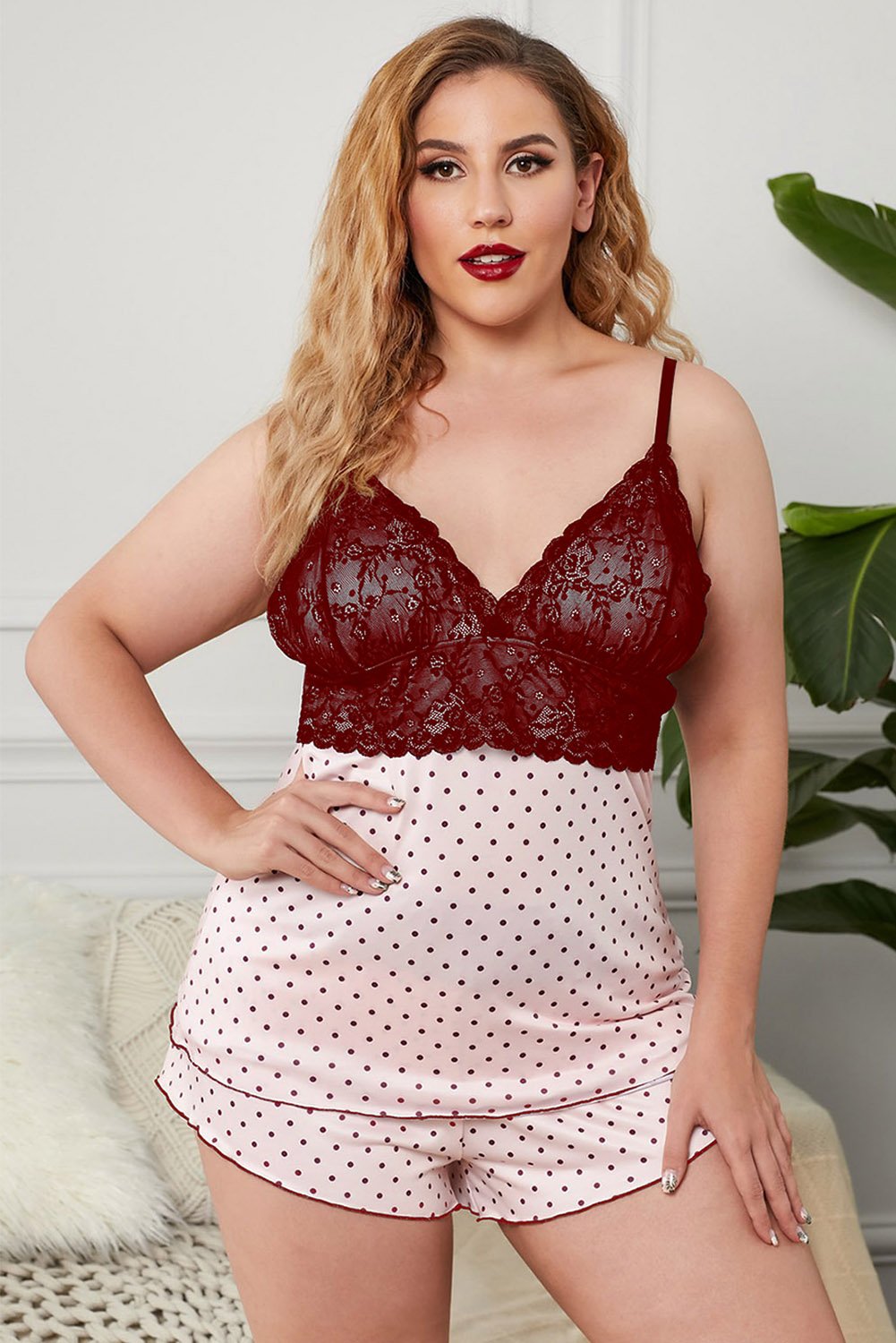 Lace Splicing Polka Dot Tank Top and Shorts Plus Size Pajamas Set