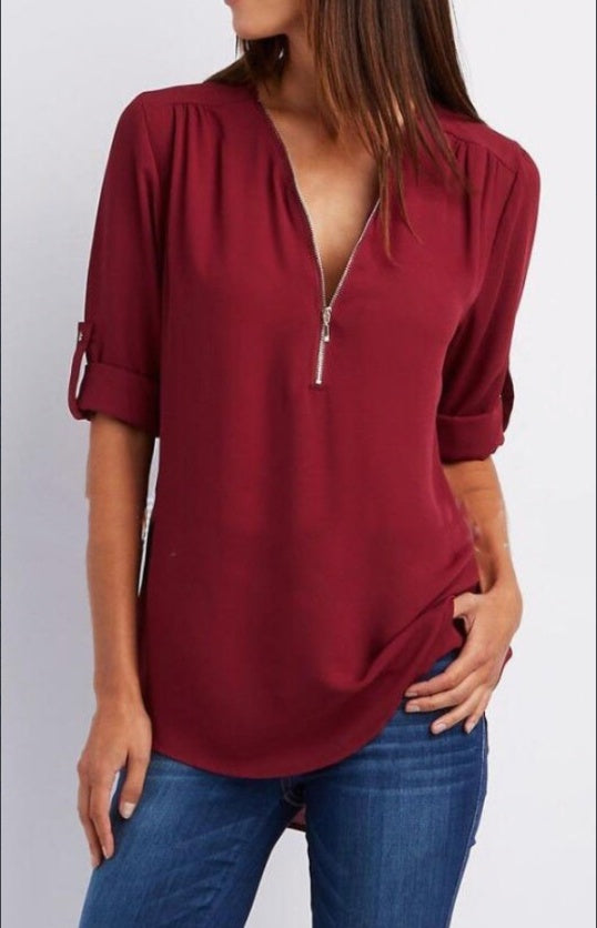 Ruched Half Zip Solid V Neck Blouse