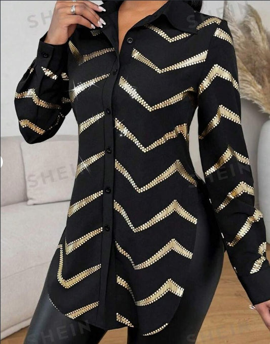 Open Placket Foil Print Long Sleeve Cinched Waist Blouse