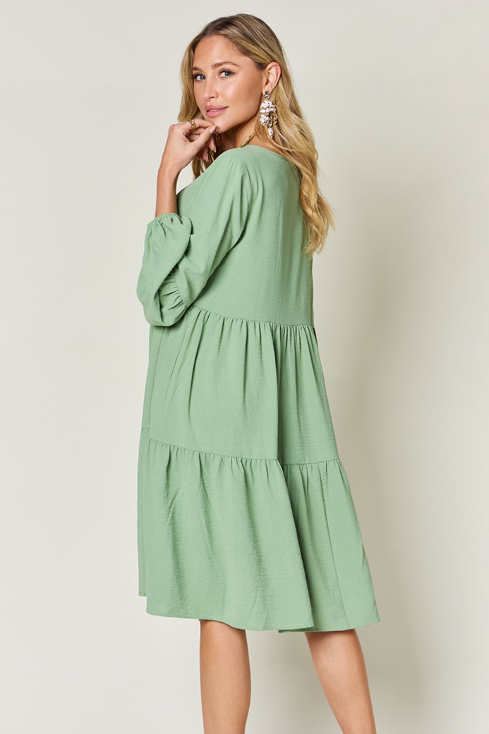 V-Neck Balloon Sleeve Tiered Dress with Pockets