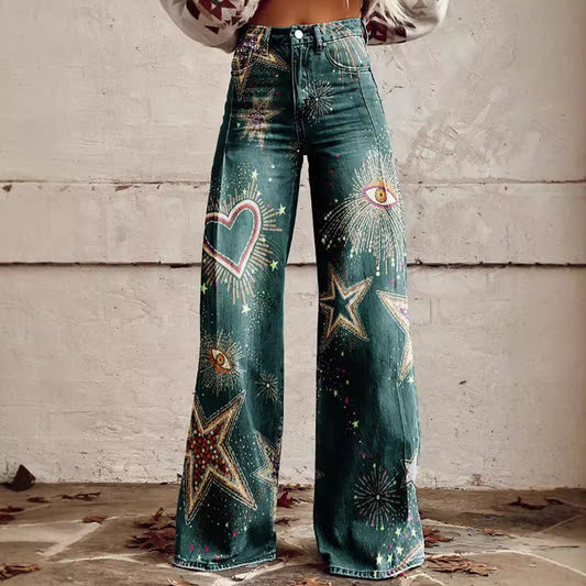 Graphic Printed Colored Women Jeans Flared Leg