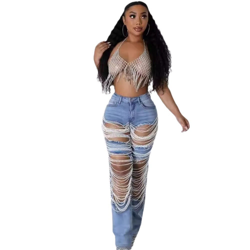 Peal Chain Beaded Ripped Women Jeans